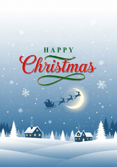 Happy Christmas Snowy Night Village Santa Sleigh, christmas card with santa claus