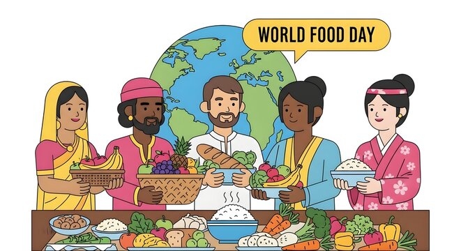 Diverse group of people from different cultures holding food in front of a world globe for World Food Day.