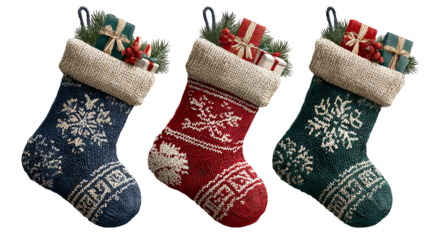 Christmas eve gift stockings png set in green blue and red isolated on transparent background festive winter holiday decorations with snowflake graphics high resolution cutout clipart for cards banner