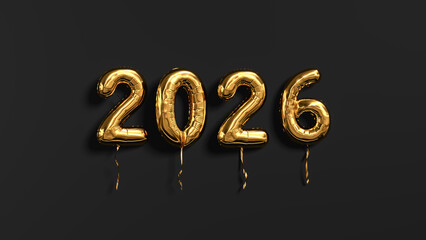 Elegant golden foil balloons 2026 numbers on black background. New Year celebration, festive design template. 3D rendering