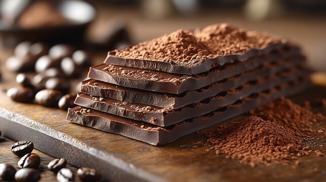 Row of Lindt Excellence dark chocolate pieces broken to reveal creamy textures arranged artistically on a wooden board surrounded by cocoa dust and coffee beans for a rich display