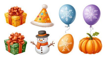 Colorful party and holiday elements set on transparent background gift balloon party hat snowflake decorated egg carved pumpkin clipart for celebrations cards stickers and festive design