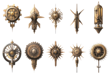 Collection of steampunk mechanical ornaments isolated on transparent background. Collection set of wind turbines isolated on white background.