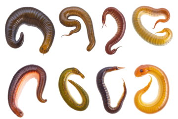 Collection of colorful segmented worms isolated on transparent background. Collection set of worms isolated on white background.
