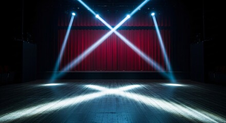 Theater Stage with Red Curtains and Spotlights trails on the bridge
