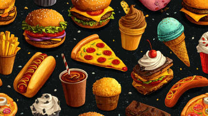 Seamless Fast Food Pattern with Burgers, Pizza, Hot Dogs, and Desserts – Colorful Illustration