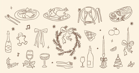 Whimsical hand-drawn Christmas dinner doodle set with festive holiday elements, roasted turkey, wine glasses, candles, wreath, gingerbread, and seasonal decorations. Vector illustration isolated.