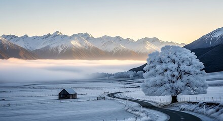 Majestic Snow Capped Mountains Tower Over A Foggy Winter Valley. A Rustic Cabin And A Frost Covered Tree Line A Winding Road In This Serene Morning Landscape.