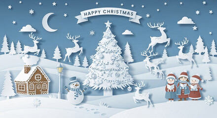 christmas card with a house, Paper Cut Christmas Village Winter Wonderland Illustration