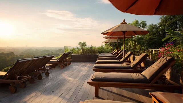 Ultra HD Sun loungers and parasols on a wooden deck overlooking a tropical landscape video, resting bench and parasol video