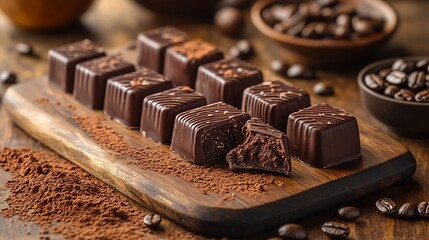 Row of Lindt Excellence dark chocolate pieces broken to reveal creamy textures arranged artistically on a wooden board surrounded by cocoa dust and coffee beans for a rich display