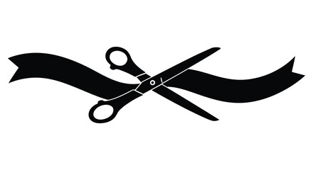 Black scissors cutting a ribbon symbol of opening or celebration