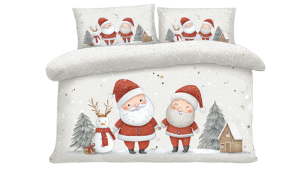 Festive christmas bedding set with santa claus and snowflakes isolated high resolution cozy holiday duvet pillowcases and sheets kids bedroom decor winter pattern textile design on white background