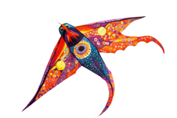 Ornate decorative kite with colorful patterns isolated on transparent background. Colorful kite isolated on white background.