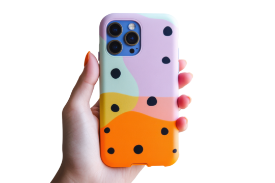 Hand holding a colorful polka dot phone case isolated on transparent background. Colorful phone case in hand silicone protector isolated on white background. - Powered by Adobe