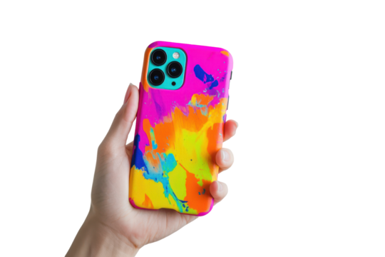 Hand holding a vibrant abstract patterned phone case isolated on transparent background. Colorful phone case in hand silicone protector isolated on white background.