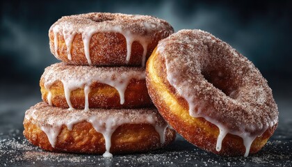 Stacked donuts drizzled with icing and sprinkled with sugar