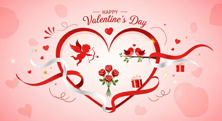 Happy Valentine's Day Greeting Card Illustration with Hearts and Roses