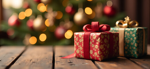 christmas presents on wooden table,blurred holiday background