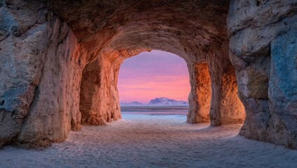 Sunrise through a rocky cave opening onto a beach