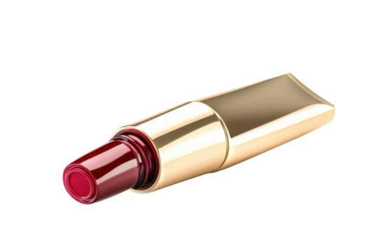 Close up of a red lipstick tube with gold casing isolated on transparent background. Cosmetic tube isolated on white background.