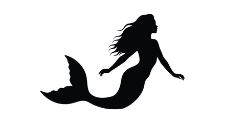 Elegant mermaid silhouette gracefully poses with flowing hair and a detailed tail
