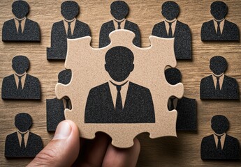 Hand holds a puzzle piece shaped like a business person, surrounded by other puzzle pieces depicting business people
