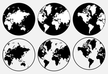 Collection of Circle Black Silhouette World Maps On Globe
