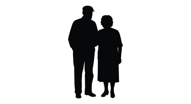 Silhouetted elderly couple standing closely together against a white background