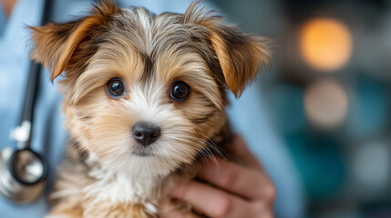 small cute dog on hands of veterinarian doctor