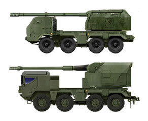 A collection of concepts of self-propelled howitzers based on an 8x8 truck (top: Tatra 8x8 RUS Nora, bottom: RCH-155 MAN). Individual images, in full size, can be found in the portfolio