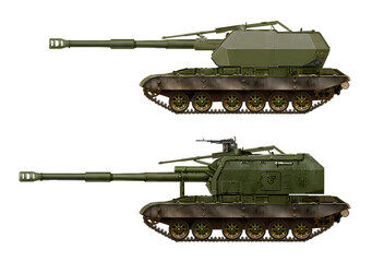 A collection of concepts for self-propelled howitzers on a tracked base (top: T-72 with DANA-1M turret, bottom: T-72 with MstaS turret). Individual images, in full size, can be found in the portfolio