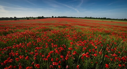 Obraz premium Vibrant red poppy field under a clear blue sky evokes serenity and remembrance