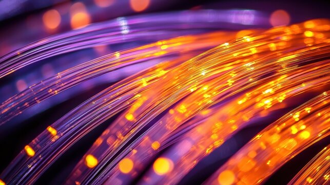 Glowing cable macro close-up illuminated fiber optic bundle orange purple light trails curving translucent cable sheath