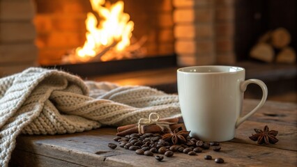 Coffee Mug with Beans and Spices by Fireplace with Knitted Blanket hot drink beverage