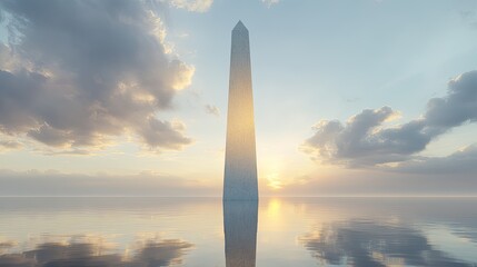 Serene Sunset: Obelisk Reflecting in Calm Waters