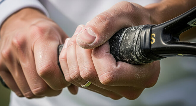 Tennis player's chalk-dusted hands holding a racket grip.