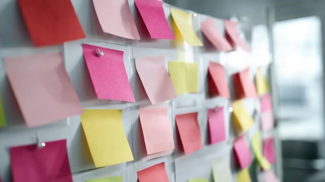 Ultra HD Colorful sticky notes attached to a wall in an office for brainstorming ideas video, colorful sticky notes to a wall video, colorful sticky notes video