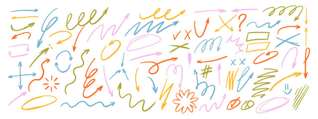 Crayon brush arrows with pencil scribbles, crosses, checkboxes, and abstract underline strokes. Sketchy hand drawn design elements