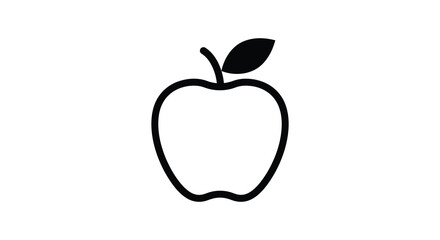 Simple black and white line drawing of a single apple with a leaf