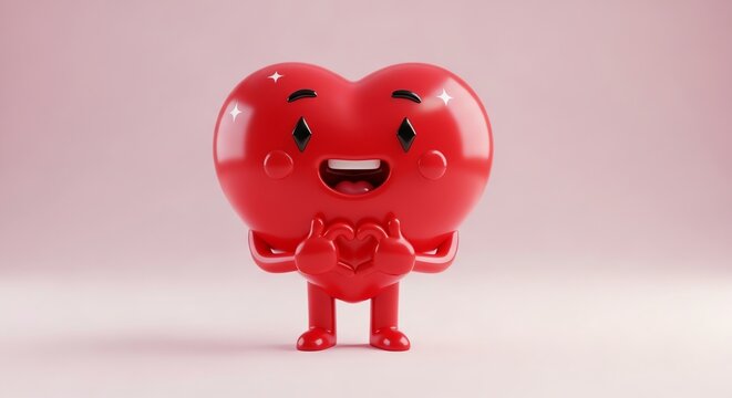 Cute 3D Red Heart Character with Sparkling Eyes Making Hand Heart Gesture - Powered by Adobe
