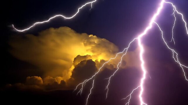 Dramatic lightning strike illuminating dark clouds stormy sky