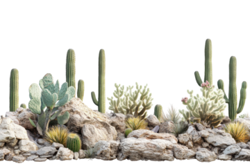 A variety of tall green cactus and small fuzzy succulents isolated on transparent background. Desert landscape with cacti isolated on white or white background.