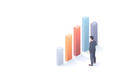 data analyst standing with glowing bar charts and machine learning curves around, professional AI startup theme, 3d animation, isolated on a white background