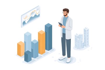 Fototapeta premium data analyst standing with glowing bar charts and machine learning curves around, professional AI startup theme, 3d animation, isolated on a white background