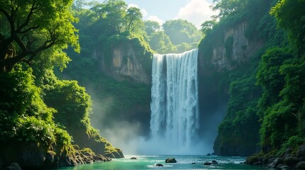 Naklejka premium Green forest landscape illustration with magical atmosphere. Perfect for environmental campaigns, fantasy designs, outdoor branding, and creative stock projects. A versatile illustration for multiple 