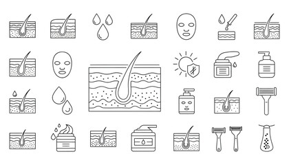 Vector art of collection of line art icons representing skincare, hair care, and beauty treatments