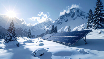 Harnessing clean energy Photovoltaic panels stand resiliently amidst a pristine, sun-drenched winter mountain landscape, showcasing sustainable power generation in challenging alpine environments