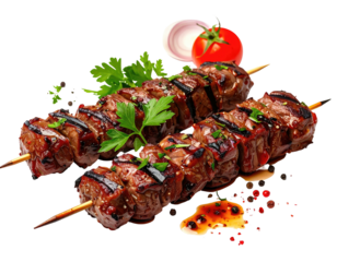 Two grilled skewers of meat with vibrant garnish, on a black background