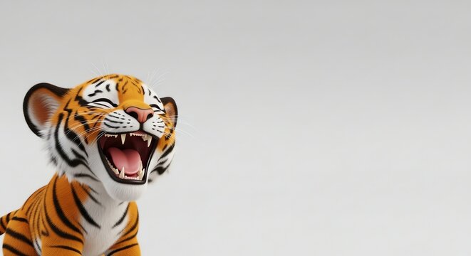 Joyful 3D Tiger Cub Laughing Heartily with Eyes Closed on a Minimalist Background